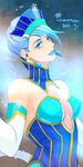  bare_shoulders blue_eyes blue_hair blue_rose_(tiger_&amp;_bunny) breasts cleavage crystal_earrings earrings elbow_gloves gloves hat jewelry karina_lyle lipstick makeup medium_breasts short_hair solo superhero tiger_&amp;_bunny yamyo 