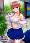  absurdres bag blue_bra bra breasts brown_eyes brown_hair cleavage fuyuno_haruaki grass highres large_breasts lingerie looking_at_viewer open_clothes open_shirt original pleated_skirt school_bag school_uniform shirt skirt solo twintails underwear undressing 