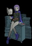  1girl belt bindi book cape cartoon_network cloak dc_comics female leotard magic mirror purple_eyes purple_hair raven_(dc) reading sitting solo teen_titans umibito 