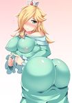  aqua_eyes ass ass_focus bare_shoulders blonde_hair blush breasts covered_nipples crown dress from_behind gown hair_over_one_eye hisui_(stapspats) huge_ass impossible_clothes large_breasts long_dress long_hair looking_back mario_(series) rosetta_(mario) see-through simple_background solo super_mario_bros. super_mario_galaxy twisted_torso 