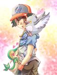  1boy animal baseball_cap bird black_hair blush boy brown_eyes child gloves hat heart hearts male male_focus perch pidove pokemon satoshi_(pokemon) snivy solo zipper 