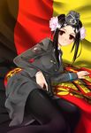  black_legwear brown_eyes bullet east_german east_german_flag flag flower german_flag gun hair_flower hair_ornament handgun hat highres military military_uniform mizuki_(mizuki_ame) muvluv nva_uniform pantyhose pham_thi_ran pistol schwarzesmarken skirt smile solo trigger_discipline uniform weapon 