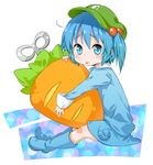  bad_id bad_pixiv_id blue_eyes blue_hair boots carrot hair_bobbles hair_ornament hat jigatei_(omijin) kawashiro_nitori object_hug pocket rubber_boots shirt sitting skirt skirt_set solo tongue touhou two_side_up winding_key 