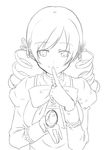  drill_hair finger_to_mouth greyscale hair_ornament lineart looking_down mahou_shoujo_madoka_magica meet monochrome simple_background smile solo soul_gem tomoe_mami twin_drills twintails 