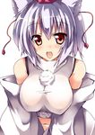  animal_ears bare_shoulders blush breasts covered_nipples detached_sleeves hat impossible_clothes impossible_shirt inubashiri_momiji large_breasts midriff navel open_mouth red_eyes ryokushiki_(midori-ya) shirt short_hair silver_hair simple_background smile solo tokin_hat touhou upper_body wolf_ears 