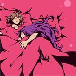  1girl bed_sheet brown_hair closed_eyes couple eyepatch hetero holding jewelry long_hair mirai_nikki nishijima_masumi pillow pink_background purple_hair ring shared_blanket sleeping touko_(wisterio) uryuu_minene 