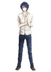  blue_eyes blue_hair closed_mouth earbuds earphones highres male male_focus original shirt solo standing white_shirt 