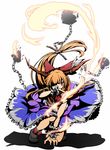  blonde_hair bow chain covering_mouth fire flame hair_bow hair_ribbon horn_ribbon horns ibuki_suika namae_hamada ponytail red_eyes ribbon shirt skirt slit_pupils solo touhou wrist_cuffs 
