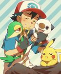  1boy animal baseball_cap black_hair blue_eyes boy brown_eyes child dejected eyes_closed fangs gloves green_skin happy hat hug indian_style male male_focus oshawott pikachu pokemon satoshi_(pokemon) sitting smile snivy solo tail zipper 