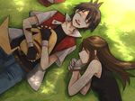  1girl belt black_hair blue_(pokemon) brown_hair closed_eyes denim fingerless_gloves gen_1_pokemon gloves grass hat hat_removed headwear_removed long_hair nakoromo pika_(pokemon) pikachu pokemon pokemon_(creature) pokemon_special popped_collar red_(pokemon) saliva shade sleeping vest 