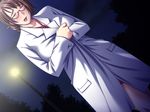  1girl bdsm bondage bound breasts brown_hair cg closed_eyes coat eyes_closed female game_cg glasses hitozuma_onna_kyoushi_seiyoku_no_kyoushitsu_2 huge_breasts milf night open_mouth outdoors short_hair solo standing 