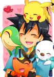  1boy black_hair blue_shirt blush blush_stickers boy carry carrying child eyes_closed fingerless_gloves gloves green_skin happy heart hug male male_focus oshawott perch pikachu pokemon red_nose satoshi_(pokemon) shirt smile snivy snout solo tail tepig zipper 