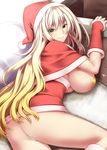  &gt;:) arm_warmers ass blonde_hair breasts breasts_outside capelet chimney christmas gloves green_eyes hat highres huge_breasts legs lips long_hair looking_at_viewer looking_back lying naughty_face no_bra no_panties on_side on_stomach original panties pasties red_capelet red_gloves santa_costume santa_hat shiny shiny_skin smile solo star symbol-shaped_pupils text_in_eyes thighs tro underwear v-shaped_eyebrows very_long_hair white_panties 