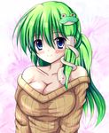  bad_id bad_pixiv_id bare_shoulders blue_eyes blush breasts cleavage collarbone frog green_hair hair_ornament highres kaima kochiya_sanae large_breasts long_hair naked_sweater no_bra off_shoulder pullover ribbed_sweater smile snake solo sweater touhou upper_body 