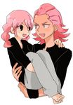  1girl bad_id bad_pixiv_id braid carrying fang gamipo gouenji_yuuka inazuma_eleven_(series) inazuma_eleven_go long_hair pink_hair princess_carry senguuji_yamato smile twin_braids 