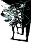  boots detached_sleeves floating_hair green_eyes green_hair hatsune_miku long_hair looking_back meimaru_inuchiyo microphone mouth_hold necktie skirt solo thigh_boots thighhighs twintails very_long_hair vocaloid 