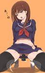  ahegao aqua_eyes arm_support arms_behind_back black_legwear blush brown_hair bubble dildo earrings fucked_silly green_eyes head_tilt highres jewelry leaning_back loafers long_hair looking_away masturbation midriff navel no_panties nose_blush open_mouth orange_background original perspective pleated_skirt pussy pussy_juice saliva saliva_trail school_uniform serafuku shiny shoes simple_background skirt solo squatting tarayama thick_thighs thighhighs thighs tongue tongue_out unbuttoned vaginal 