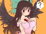  :o ? apron bare_shoulders black_hair black_wings blush bow breasts cleavage covered_nipples hair_bow long_hair looking_down medium_breasts miruki naked_apron orange_background red_eyes reiuji_utsuho simple_background solo staring strap_slip touhou upper_body wide-eyed wings 
