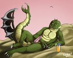  anthro balls birds claws cocktail crocodile desert erection juice karukuji league_of_legends male penis pose renekton reptile scales scalie solo tail vacation weapon 