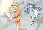  bikini blonde_hair blue_eyes blue_hair book cindy_campbell cosplay dragging dress hat horns ikamusume long_hair lum lum_(cosplay) manga_(object) multiple_girls oni ponytail shinryaku!_ikamusume swimsuit tentacle_hair urusei_yatsura willysmc 