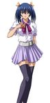  bashoku_youjou black_legwear blue_hair hair_ribbon holding ikkitousen looking_at_viewer orange_ribbon pleated_skirt purple_eyes purple_skirt ribbon school_uniform simple_background skirt solo thighhighs twintails white_background zettai_ryouiki 