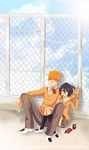  1boy 1girl anger_vein arm_around_neck black_hair black_legwear black_socks bleach brown_eyes couple drink female food footwear highres holding juice_box kuchiki_rukia kurosaki_ichigo magicmione1234 male mouth_hold orange_eyes orange_hair pocky purple_eyes rooftop sandwich school school_rooftop school_uniform short_hair sitting socks sweatdrop sweater sweets uniform 