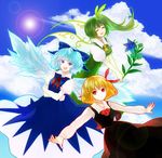  alternate_wings bad_id bad_pixiv_id blonde_hair blue_eyes blue_hair cirno closed_eyes cloud crossed_arms daiyousei day dress fairy_wings flower green_hair hair_ribbon lens_flare long_hair multiple_girls outstretched_arms red_eyes ribbon rumia short_hair side_ponytail sky smile spread_arms touhou viridiflora wings 