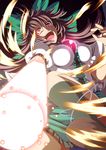  arm_cannon bow brown_hair cape crazy empty_eyes hair_bow highres iwanori long_hair radiation_symbol red_eyes reiuji_utsuho ribbon skirt smile socks solo symbol-shaped_pupils touhou weapon wings 