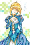  ahoge artoria_pendragon_(all) blonde_hair dress fate/stay_night fate_(series) green_eyes hair_ribbon hand_on_own_chest haruhikohiko juliet_sleeves long_sleeves marker_(medium) puffy_sleeves ribbon saber smile solo traditional_media 