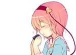  :t arrow blush closed_eyes eating food hairband heart komeiji_satori minamura_haruki pink_hair short_hair solo sushi touhou upper_body 