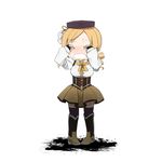  bad_id bad_pixiv_id blonde_hair boots bow chibi corset drill_hair full_body hands_on_own_face hat mahou_shoujo_madoka_magica open_mouth skirt solo tears thighhighs tomoe_mami tsuzuya_(knt31) twin_drills twintails white_background 