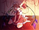  apple ascot bad_id bad_pixiv_id barefoot birdcage blonde_hair cage cross flandre_scarlet food fruit hat kuran_(mkmrl) red_eyes short_hair sitting solo touhou wariza wings wrist_cuffs 