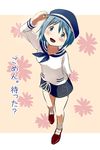  ace_rocket alternate_costume blue_eyes blue_hair denim denim_skirt from_above hat mahou_shoujo_madoka_magica miki_sayaka sailor short_hair skirt smile solo translated 