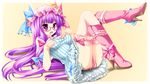  :d bespectacled boots glasses hat high_heels highres kamiya_tomoe leg_lift long_hair looking_at_viewer lying on_back open_mouth panties patchouli_knowledge paw_pose purple-framed_eyewear purple_eyes purple_hair shoes smile solo striped thighhighs touhou underwear vertical-striped_panties vertical_stripes very_long_hair 