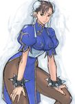  bracelet brown_eyes brown_hair bun_cover chinese_clothes chun-li double_bun earrings jewelry looking_at_viewer pantyhose pelvic_curtain sash sketch solo spiked_bracelet spikes street_fighter tetsu_(kimuchi) 