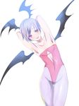  armpits arms_behind_head bad_id bad_pixiv_id collarbone demon_girl demon_wings head_wings highres katou_teppei leotard light_smile lilith_aensland pantyhose purple_hair red_eyes red_leotard short_hair simple_background solo thigh_gap vampire_(game) wings 