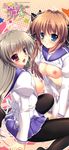  2girls absurdres asuka_mirai black_legwear blue_eyes bow breasts breasts_outside brown_hair fang hair_bow hair_intakes highres long_image looking_at_viewer looking_back mikeou multiple_girls nanairo_kouro nanami_haruka nanami_haruka_(nanairo_kouro) nipples open_clothes open_mouth pantyhose pleated_skirt red_eyes scan school_uniform serafuku shirt_lift silver_hair sitting skirt smile star stick_poster tall_image twintails wariza 