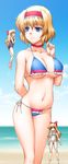  &gt;:) alice_margatroid arm_behind_back bangs beach bikini blonde_hair blue_eyes blue_sky bow breasts byeontae_jagga choker cleavage cloud collarbone day doll doll_joints frilled_bikini frills groin hair_bow hair_twirling hairband hips large_breasts long_hair matching_shanghai midriff minigirl navel ocean one-piece_swimsuit outdoors resized ribbon school_swimsuit shanghai_doll shiny shiny_skin short_hair side-tie_bikini sky smile solo strap_gap swimsuit touhou v-shaped_eyebrows 