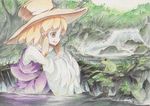  asakura_masatoki blonde_hair frog hair_ribbon hat moriya_suwako open_mouth ribbon short_hair skirt smile solo swamp touhou traditional_media yellow_eyes 