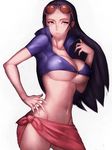  black_hair blue_eyes breasts bursting_breasts covered_nipples fumio_(rsqkr) groin hand_on_hip jacket large_breasts long_hair navel nico_robin no_panties one_piece revealing_clothes simple_background solo sunglasses tied_skirt underboob 