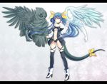  2girls asymmetrical_wings bare_shoulders black_legwear blue_hair boots bow breasts chiroku choker dizzy guilty_gear hair_bow letterboxed long_hair medium_breasts multiple_girls navel necro_(guilty_gear) red_eyes ribbon standing tail tail_ribbon thighhighs twintails underboob undine_(guilty_gear) wings 