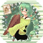  ao_ringo argyle argyle_legwear bespectacled glasses green_eyes green_hair green_shirt hatsune_miku leg_hug long_hair pantyhose shirt solo sweater twintails very_long_hair vocaloid 