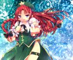  abandon_ranka bad_id bad_pixiv_id blue_eyes bow braid character_name hat hong_meiling long_hair open_mouth red_hair side_slit solo star touhou twin_braids 