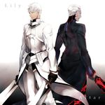  archer archer_alter armor bad_id bad_pixiv_id banned_artist dark_persona dark_skin dark_skinned_male dual_persona fate/stay_night fate_(series) kanshou_&amp;_bakuya light_persona male_focus multiple_boys smi_(enraku) sword weapon white_hair 