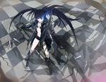  bikini_top black_hair black_rock_shooter black_rock_shooter_(character) blue_eyes boots burning_eye chain coat long_hair midriff navel shorts solo sword tarian twintails weapon 