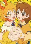  brown_eyes brown_hair choker cure_pine dual_persona earrings eyelashes food fresh_precure! fruit fruit_background hair_ornament heart heart_hair_ornament holding_hands ietan interlocked_fingers jewelry nishi_hayato orange_choker orange_eyes orange_hair pineapple precure side_ponytail wester_(fresh_precure!) yamabuki_inori yellow_background 