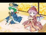  animal_ears bad_id bad_pixiv_id black_eyes blue_eyes child fan folding_fan green_hair hat hina_ningyou japanese_clothes letterboxed multiple_girls mystia_lorelei pink_hair rod_of_remorse sawayaka_samehada shiki_eiki short_hair sitting touhou wings 