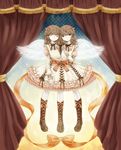  blue_eyes boots bow brown_hair conjoined curtains dress hair_bow highres kinuyo_(kinuxi) long_hair multiple_girls multiple_legs original siblings sisters twins wings 