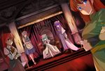  adapted_costume apron ascot bat_wings blue_eyes blue_hair blurry book bow braid brooch candle capelet chin_rest closed_eyes crossed_arms crossed_legs dutch_angle elbow_gloves gloves grey_hair hair_bow hat head_wings high_heels highres hong_meiling ipu izayoi_sakuya jewelry koakuma long_hair maid maid_headdress multiple_girls one_eye_closed patchouli_knowledge purple_eyes purple_hair red_eyes remilia_scarlet shoes short_hair sitting throne touhou twin_braids wings 