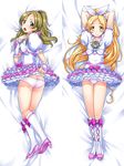  aoi_manabu arms_behind_head ass bed_sheet blonde_hair boots brown_hair choker cosplay cure_rhythm cure_rhythm_(cosplay) dakimakura eyelashes green_eyes half_updo knee_boots long_hair lying magical_girl minamino_kanade multiple_views on_back panties pink_choker ponytail precure skirt smile suite_precure underwear 